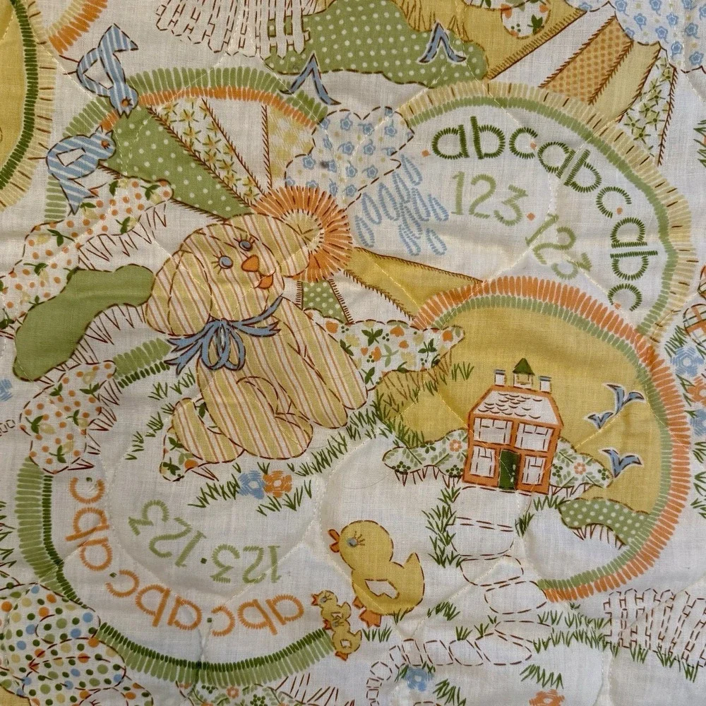 VTG 80s Yellow Baby Blanket Quilt Sears Roebuck & Co Perma-Prest ABC Cat Dog